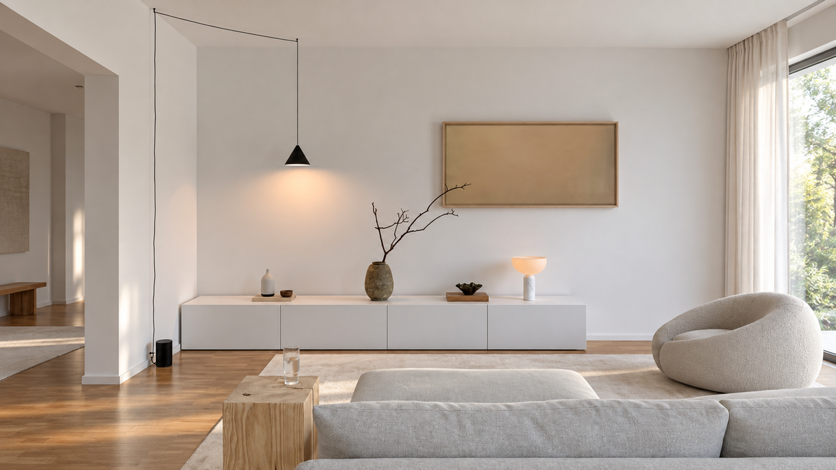Daylight interior with a pendant lamp above a sofa
